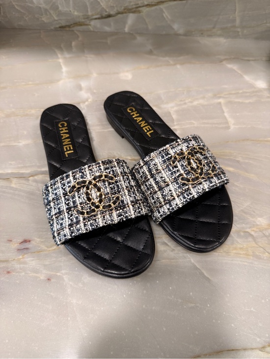 CHANEL Shoes - CHANEL Black Quilted Slide Mules with Tweed Strap and Gold CC